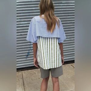 Zara Blue Green Striped Round Crew Neck Mixed Media Short Sleeve T-Shirt (NWT)